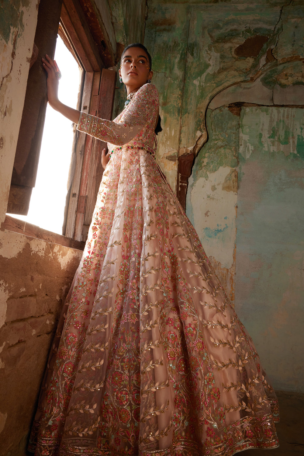 Peach Net Floor Length Anarkali Set