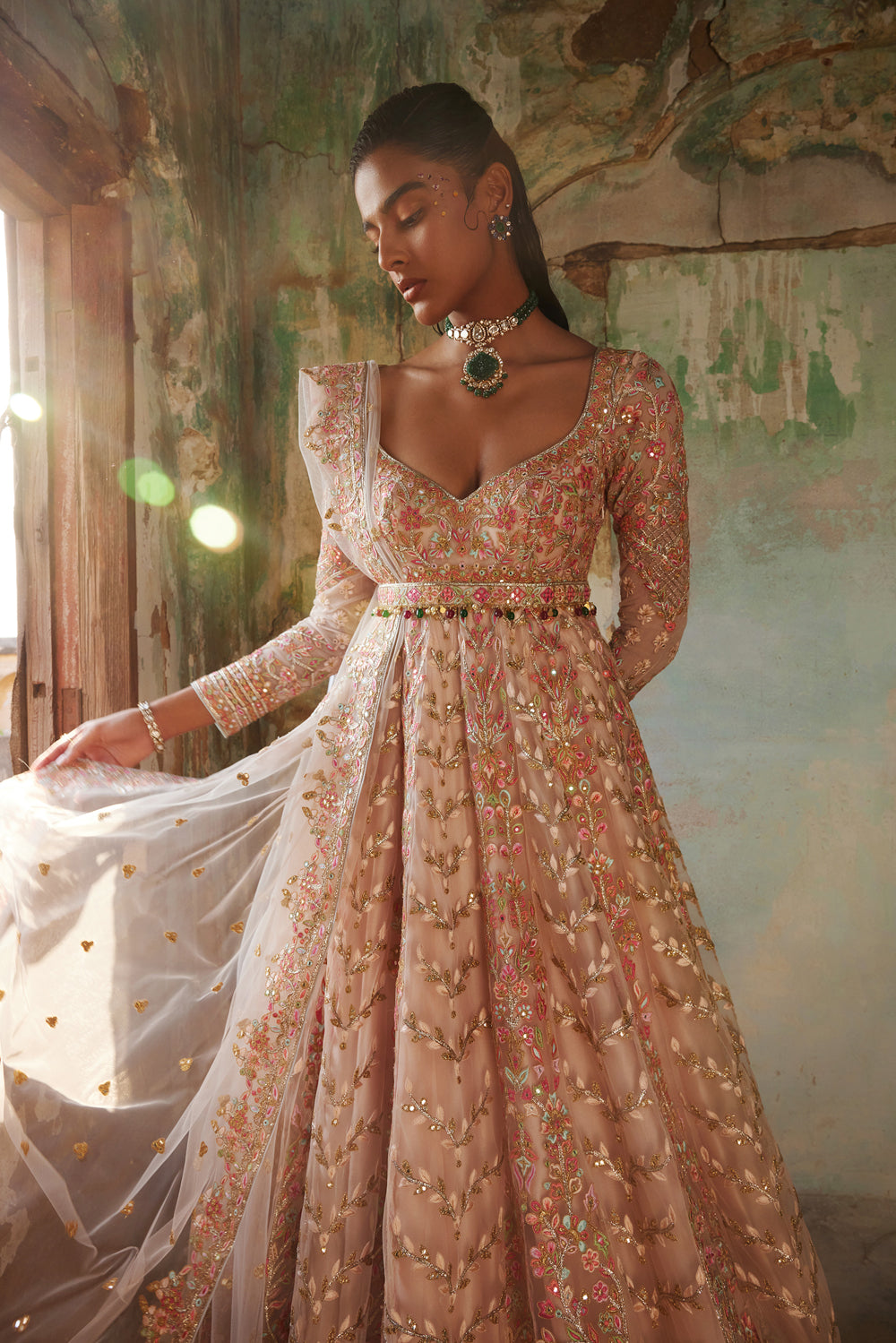 Peach Net Floor Length Anarkali Set