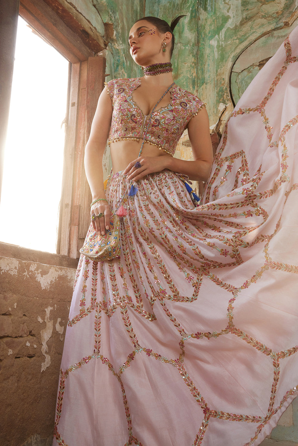 Light Pink Chanderi Skirt With Embroidered Blouse