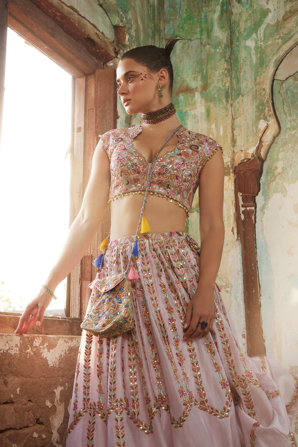 Light Pink Chanderi Skirt With Embroidered Blouse