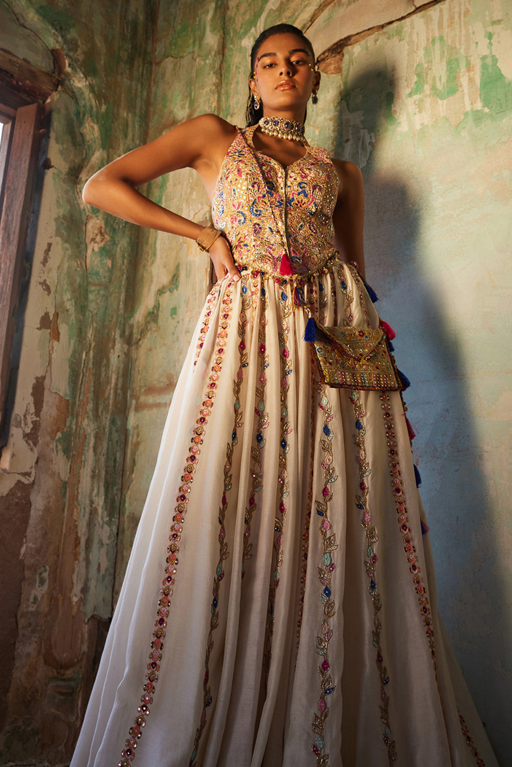 Ivory Chanderi Silk Skirt With Corset Style Embroidered Blouse