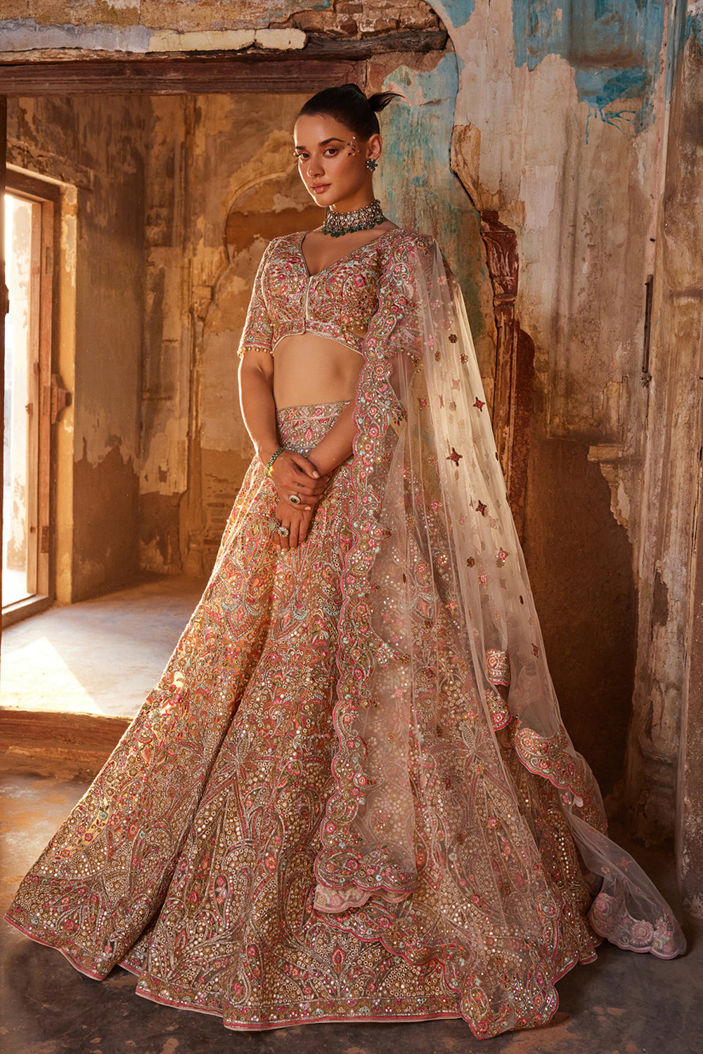 Ivory Heavily Embroidered Net Lehenga Set