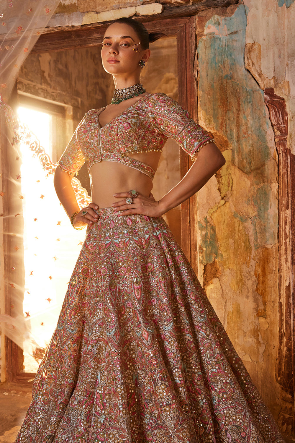 Ivory Heavily Embroidered Net Lehenga Set