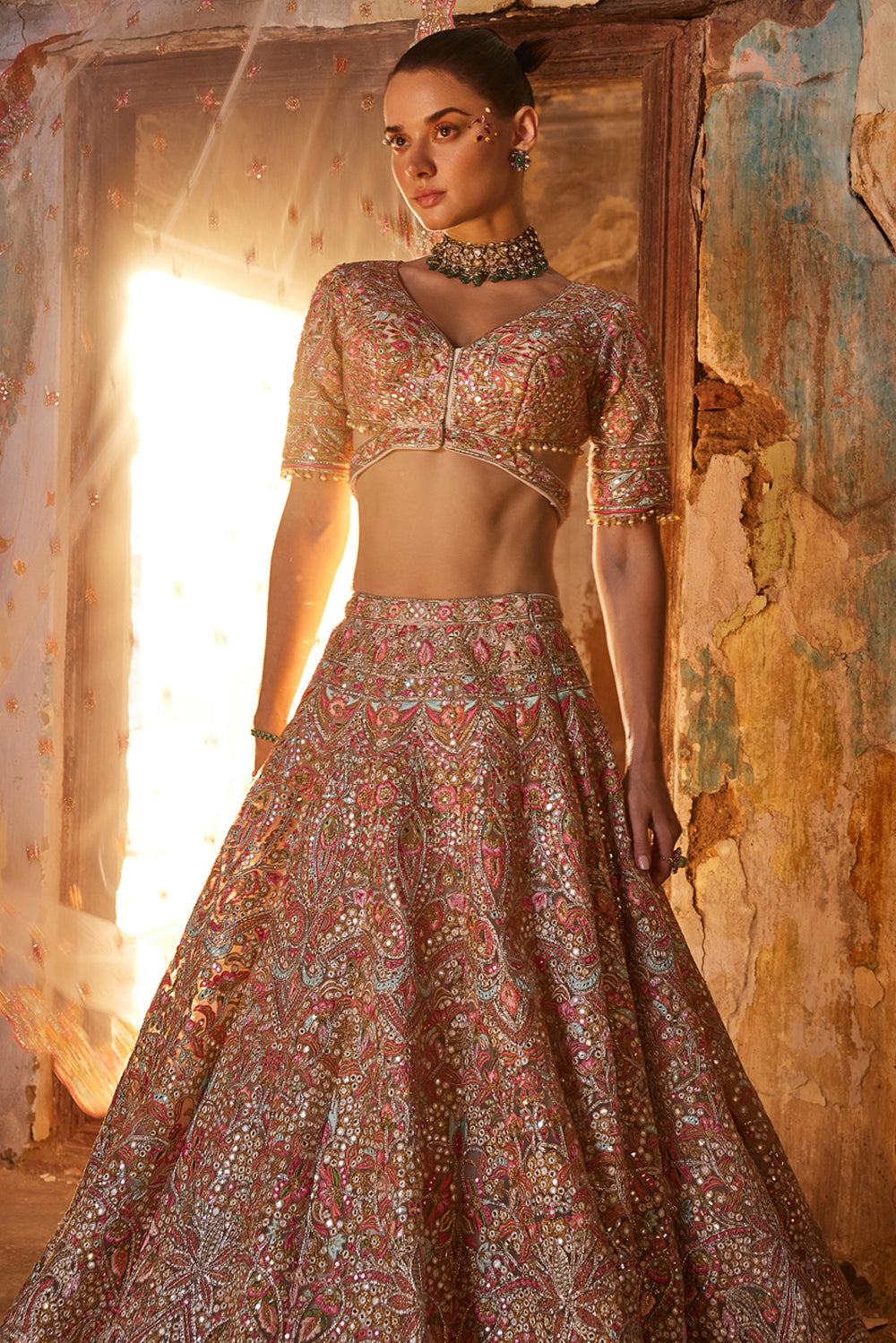 Ivory Heavily Embroidered Net Lehenga Set