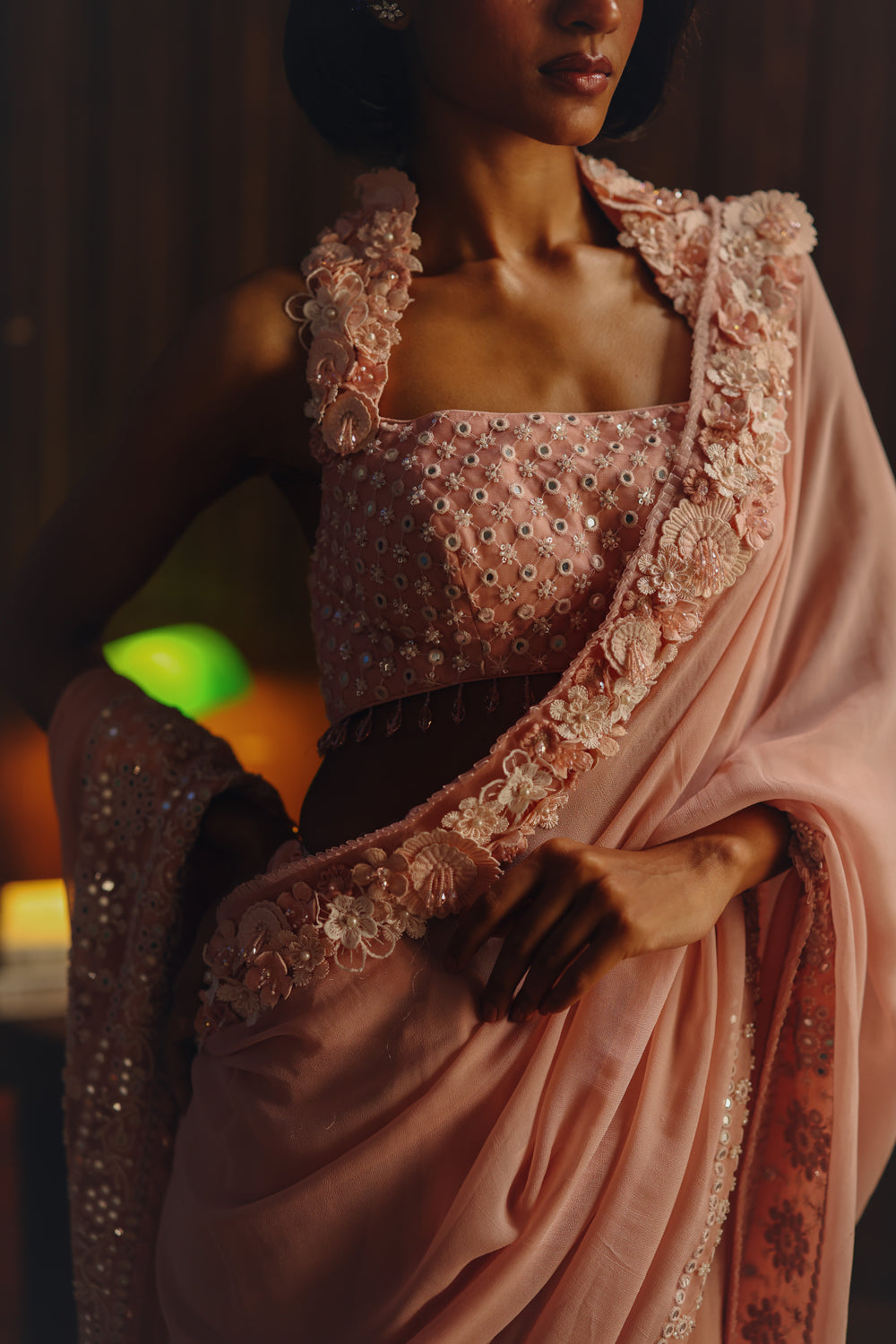 Georgette 3d flowers  embellished saree With Floral Halter Neck blouse
