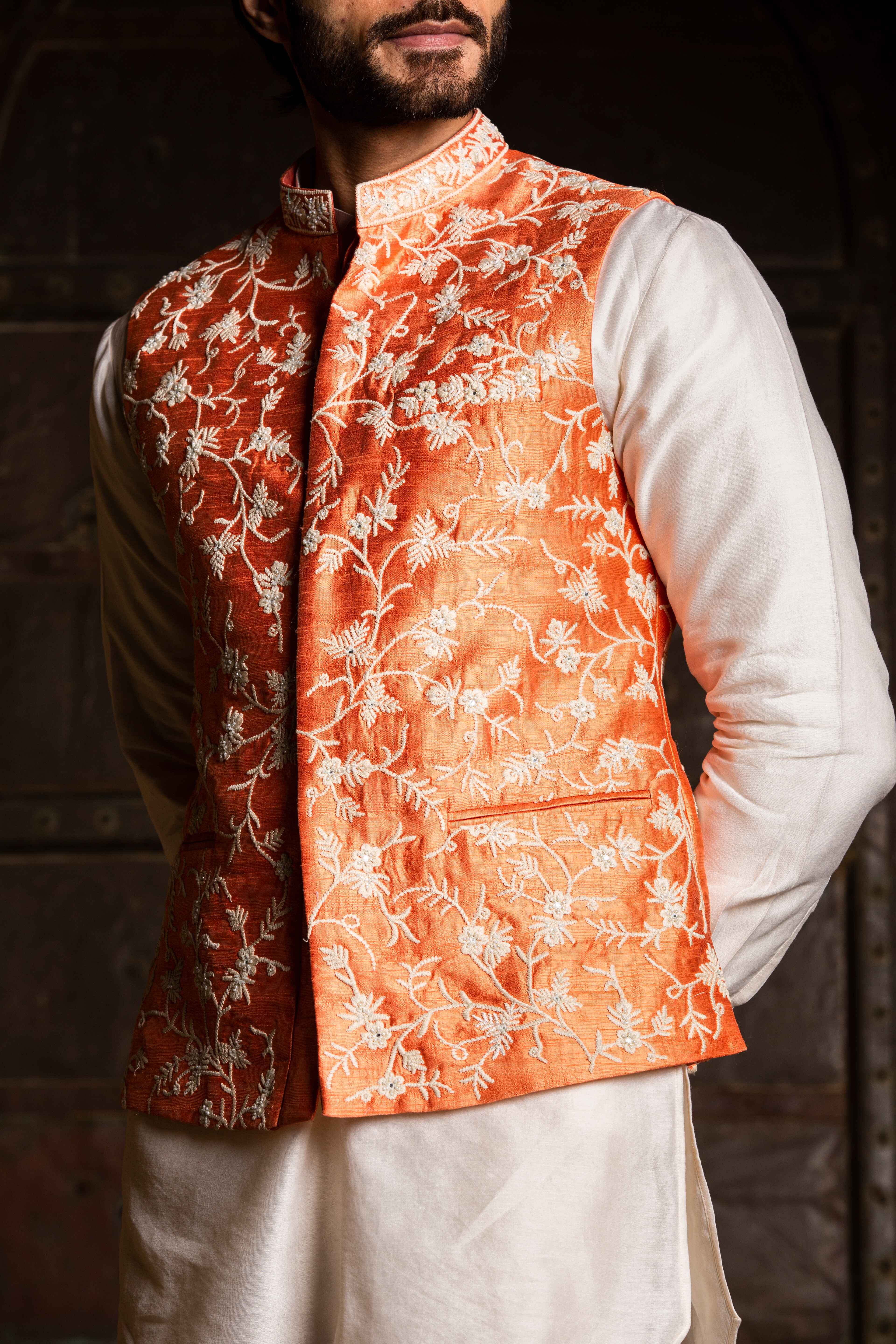 Orange Raw Silk Embroidered &nbsp;Nehru Jacket with Kurta &amp; Pant