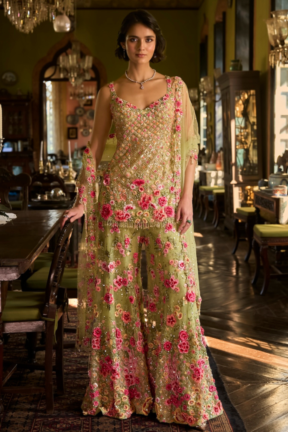 Leaf Green Three-Dimensional Sharara Set - Ready To Ship