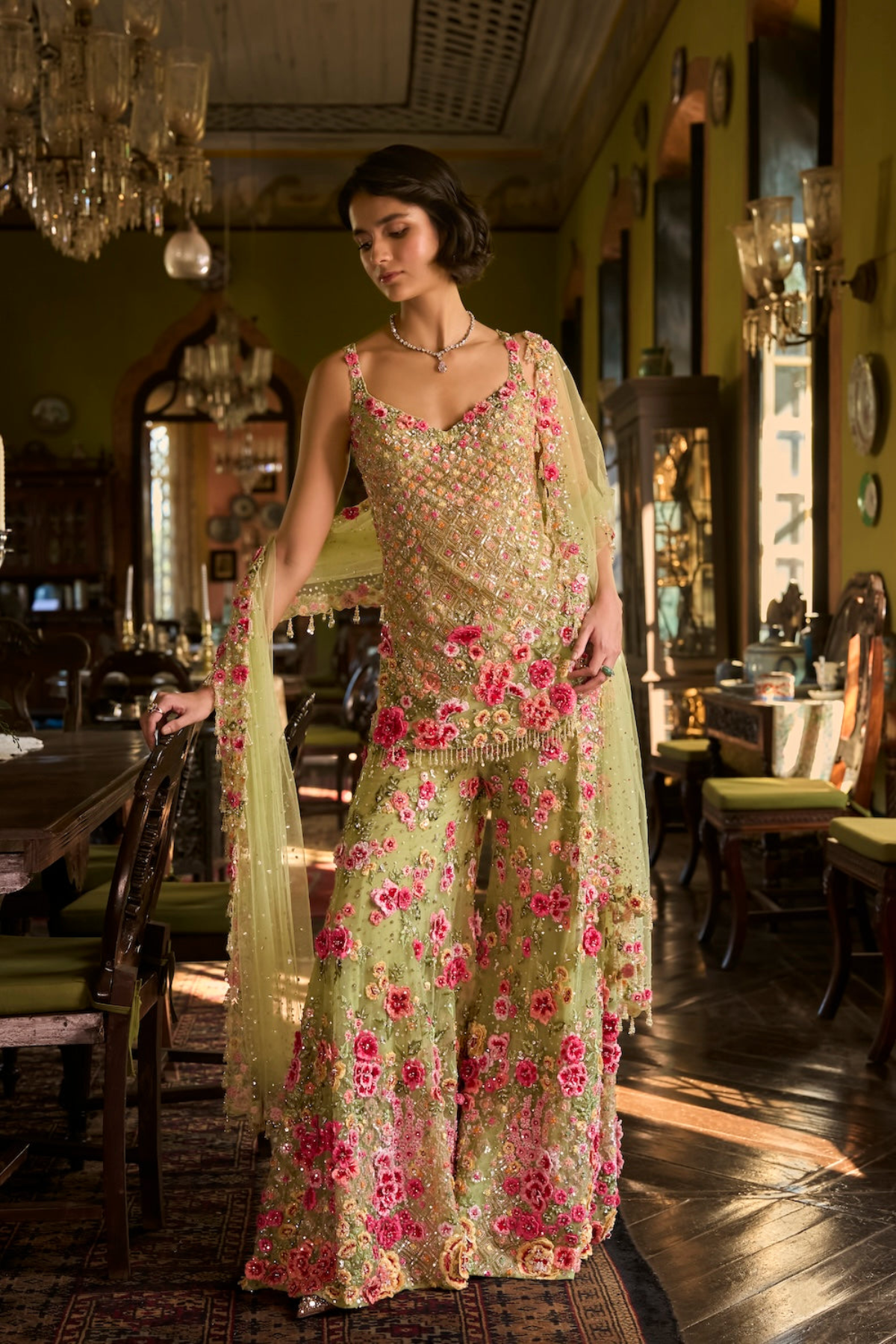 Leaf Green Three-Dimensional Sharara Set - Ready To Ship