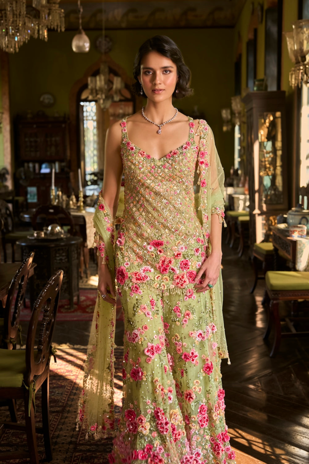 Leaf Green Three-Dimensional Sharara Set - Ready To Ship