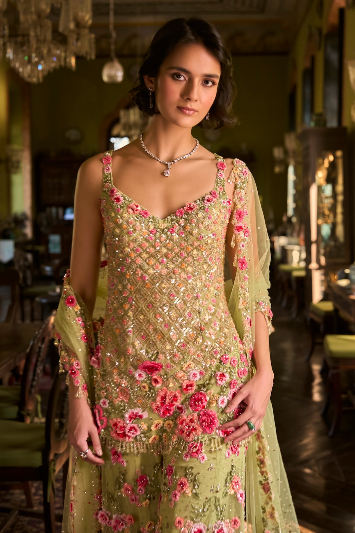 Leaf Green Three-Dimensional Sharara Set - Ready To Ship