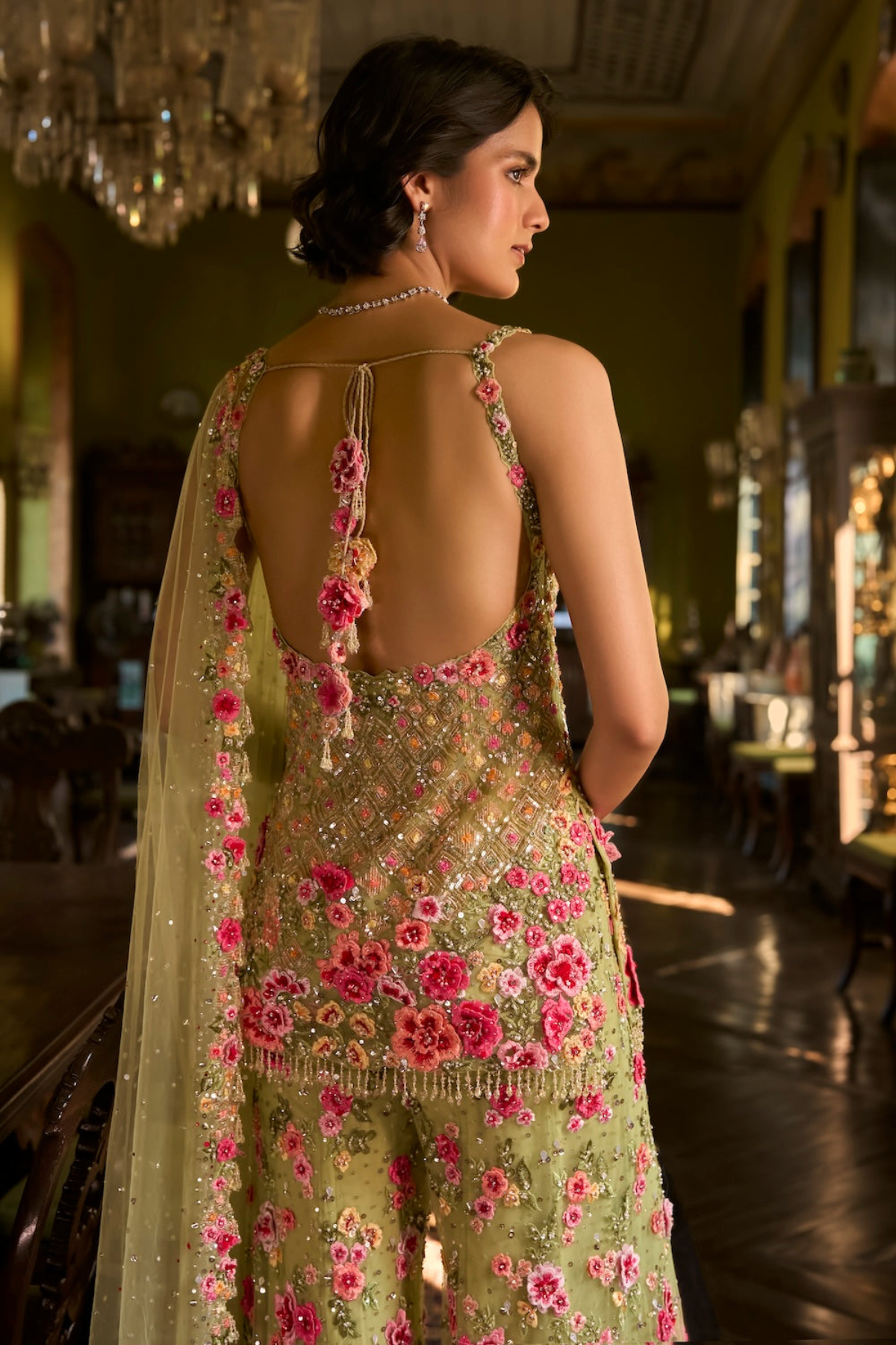 Leaf Green Three-Dimensional Sharara Set - Ready To Ship