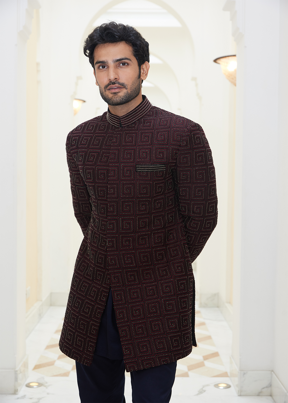 Burgundy Raw Silk  EmbroideredShort Sherwani with Kurta and Salwar