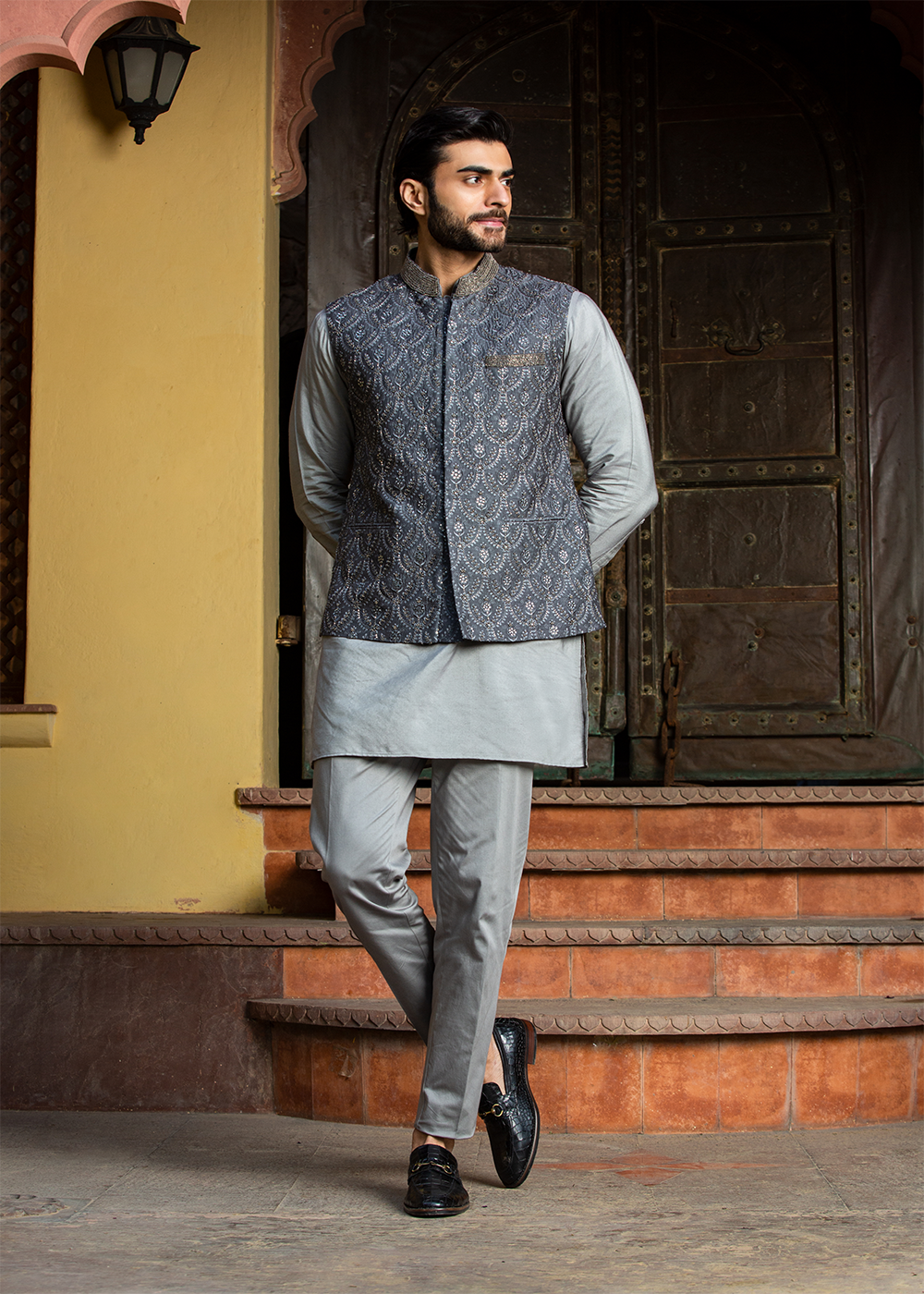 Steel Grey Kurta and Pant with all Over Embroidered Raw Silk Nehru Jacket