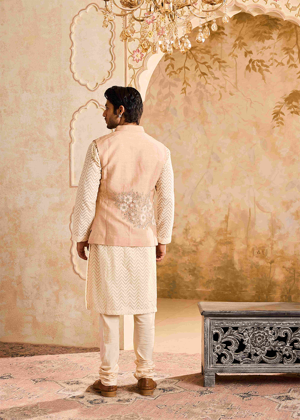 Beige Floral Bundi Jacket Kurta Churidar