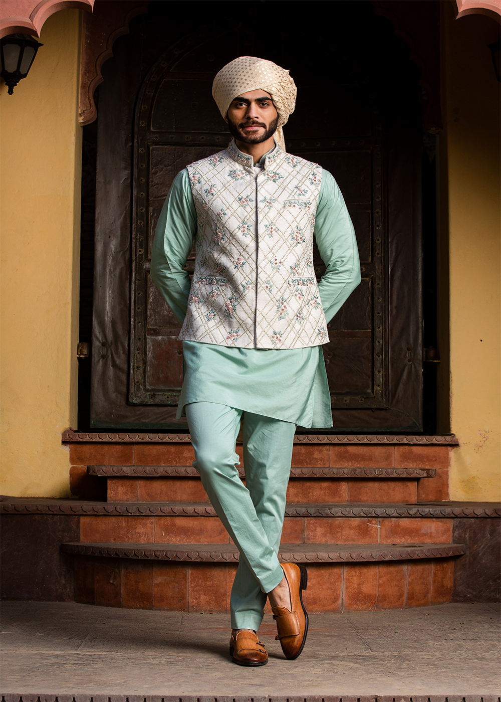 Cream Matka Embroidered Jacket&nbsp; with Mint Green Kurta &amp; Pants