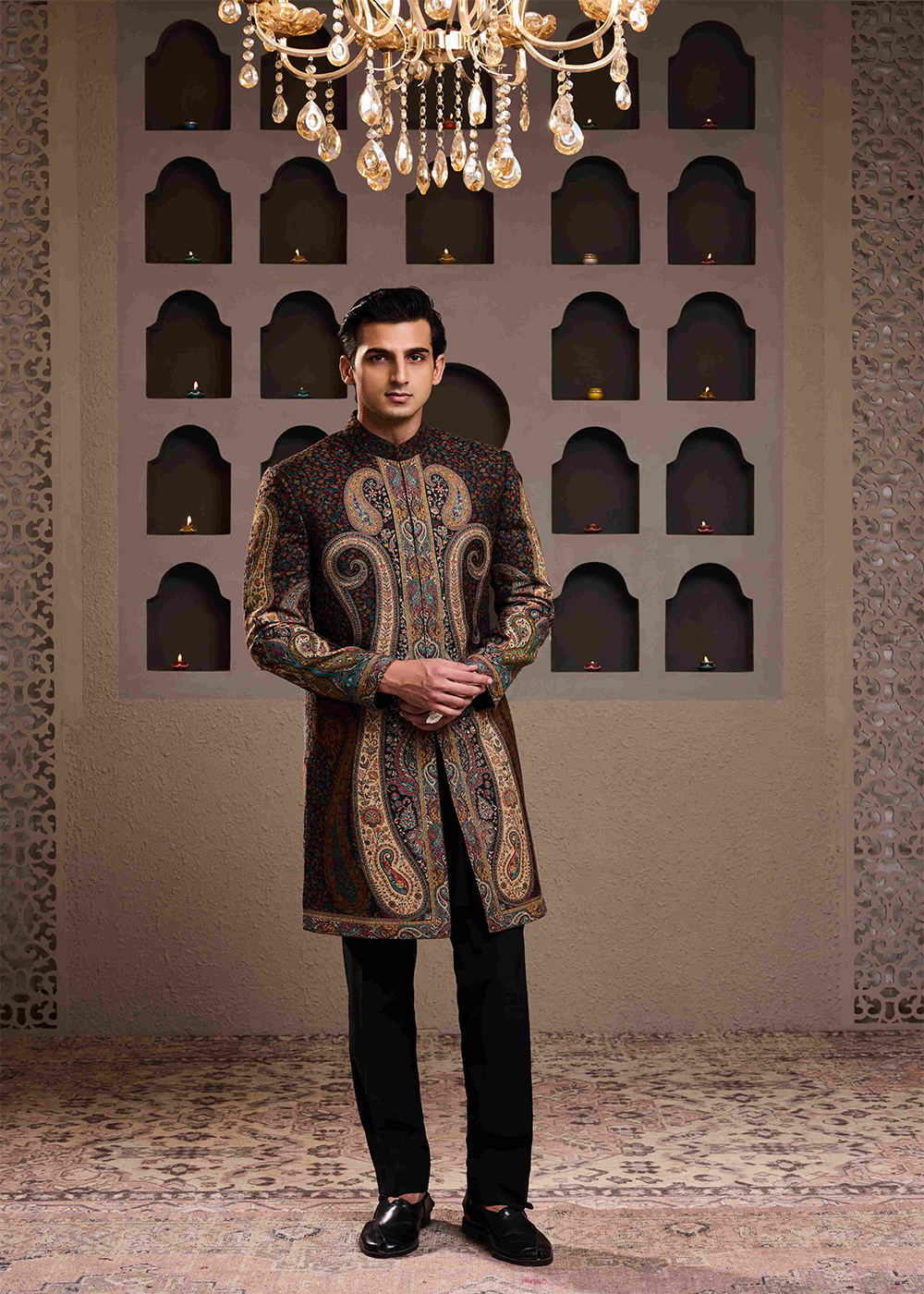 Jamawar Achkan Black Kurta Trouser