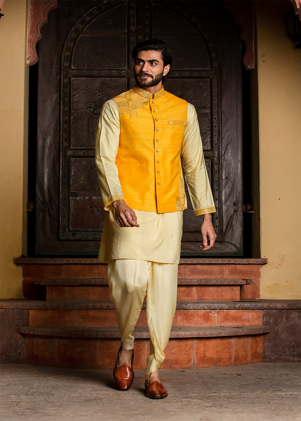 Lemon Kurta Dhoti Set with Yellow Raw Silk Embroidered&nbsp;Jacket