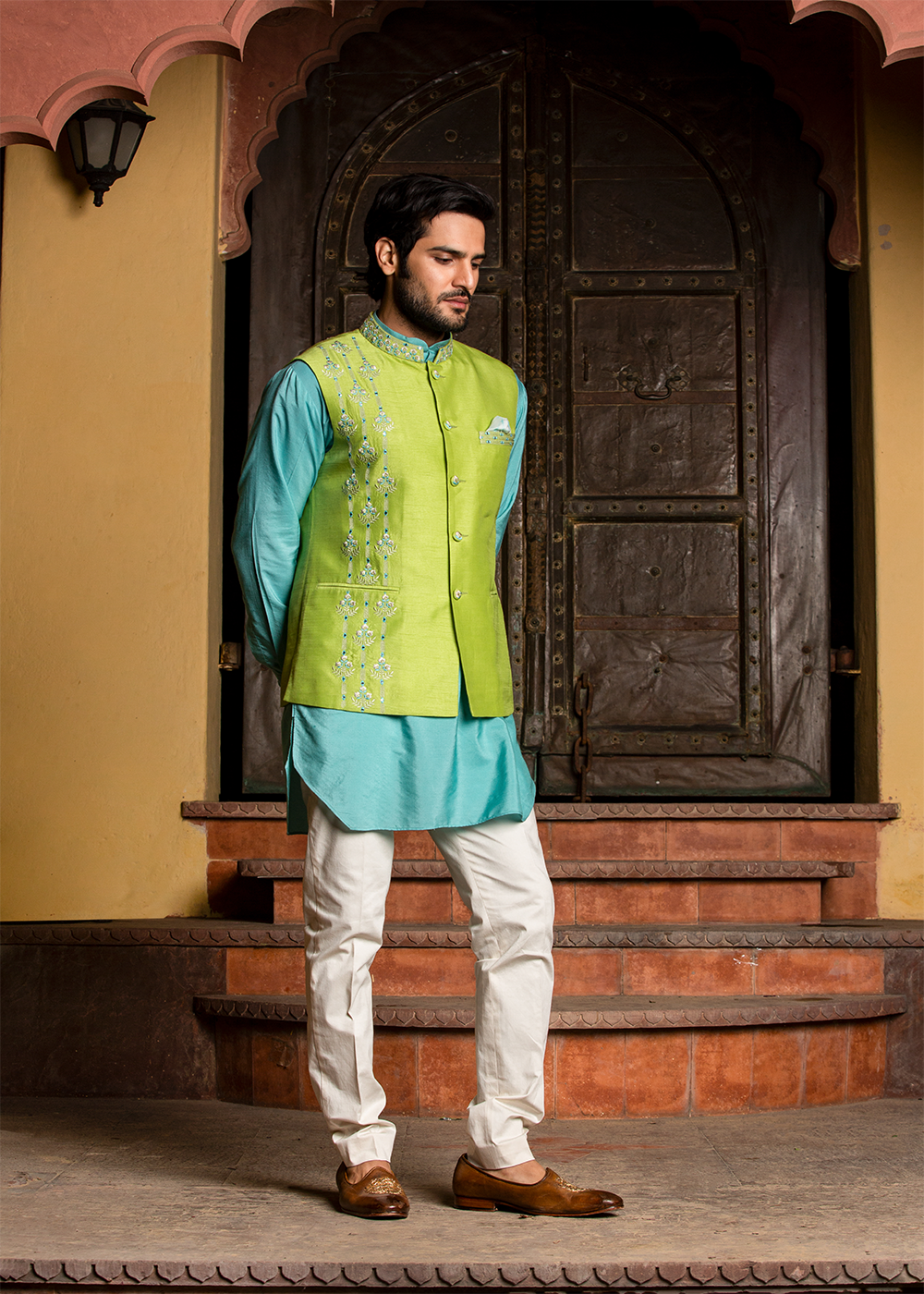 Turq Kurta with Lime Raw Silk Jacket and Pant