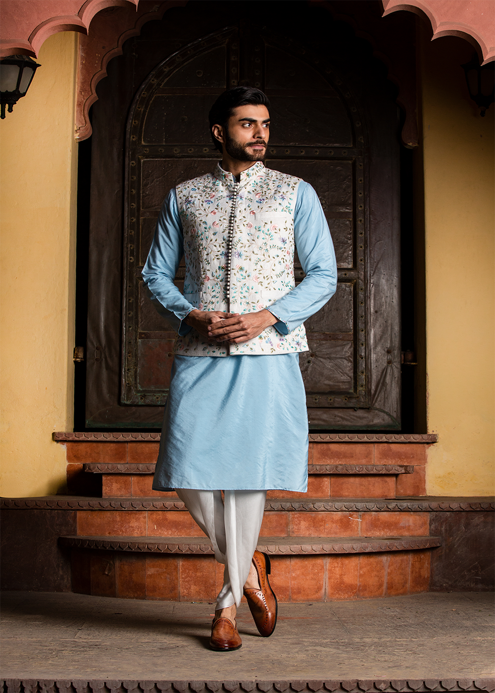 Ivory Floral Matka Jacket with Powder Blue Kurta and Ivory Dhoti