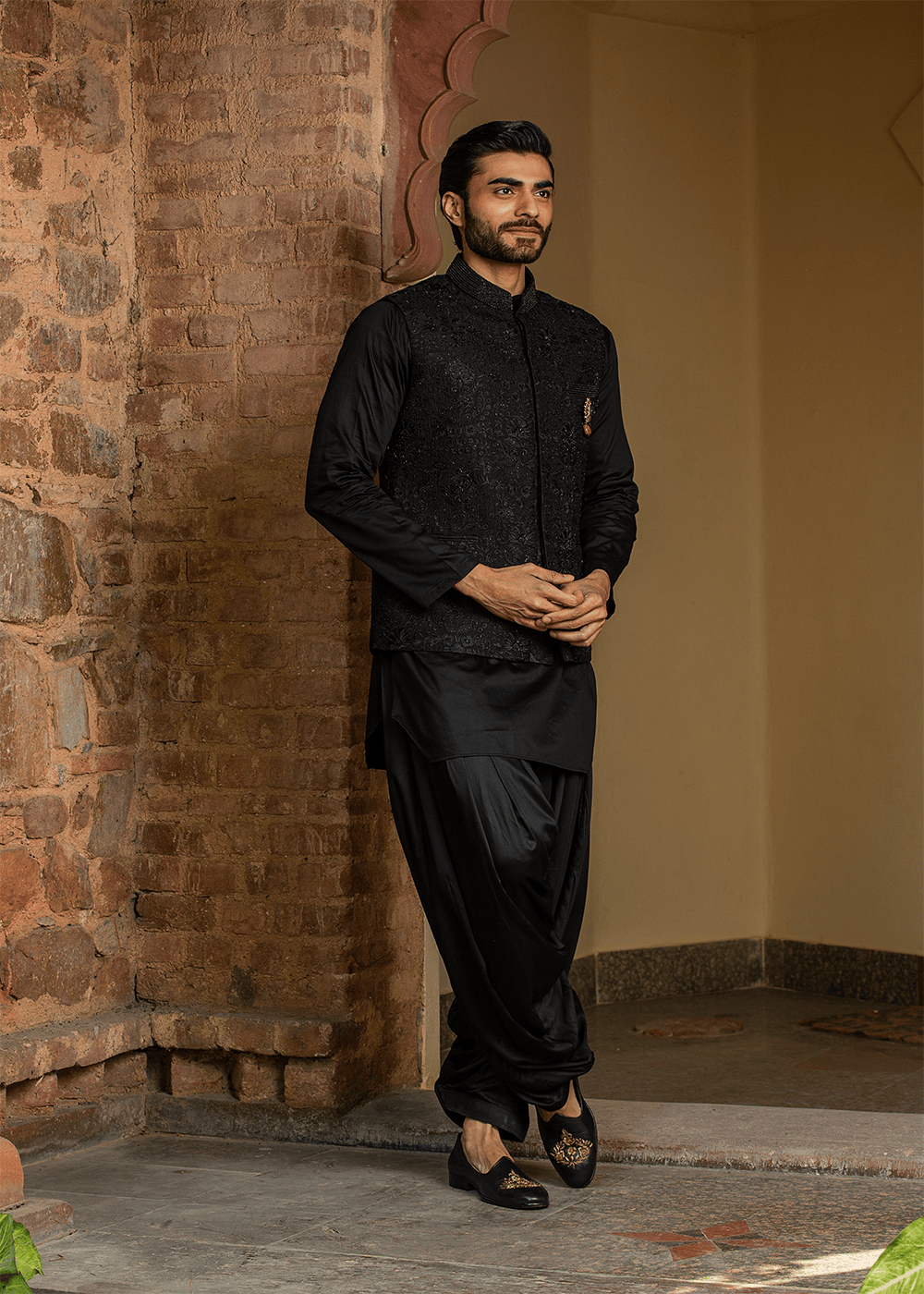 Black Kurta Salwar with Raw Silk All Over Embroidered Nehru Jacket