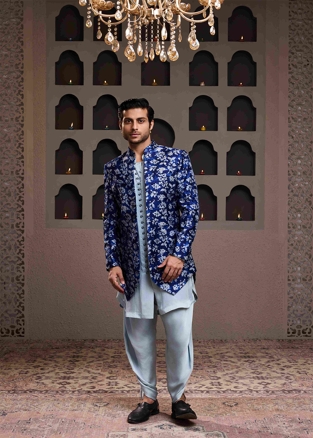 Indigo Printed Long Jacket Kurta Dhoti