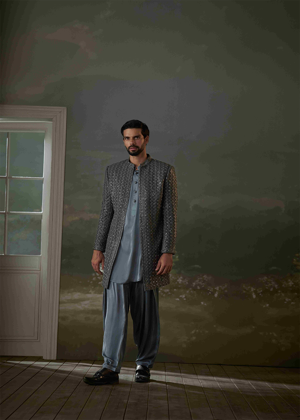 Grey Open Jacket with Kurta and Salwar