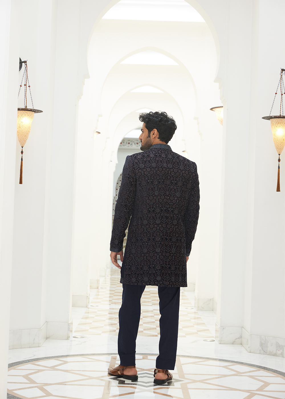 Midnight Blue Embroidered Velvet Short Sherwani with Kurta and Trouser
