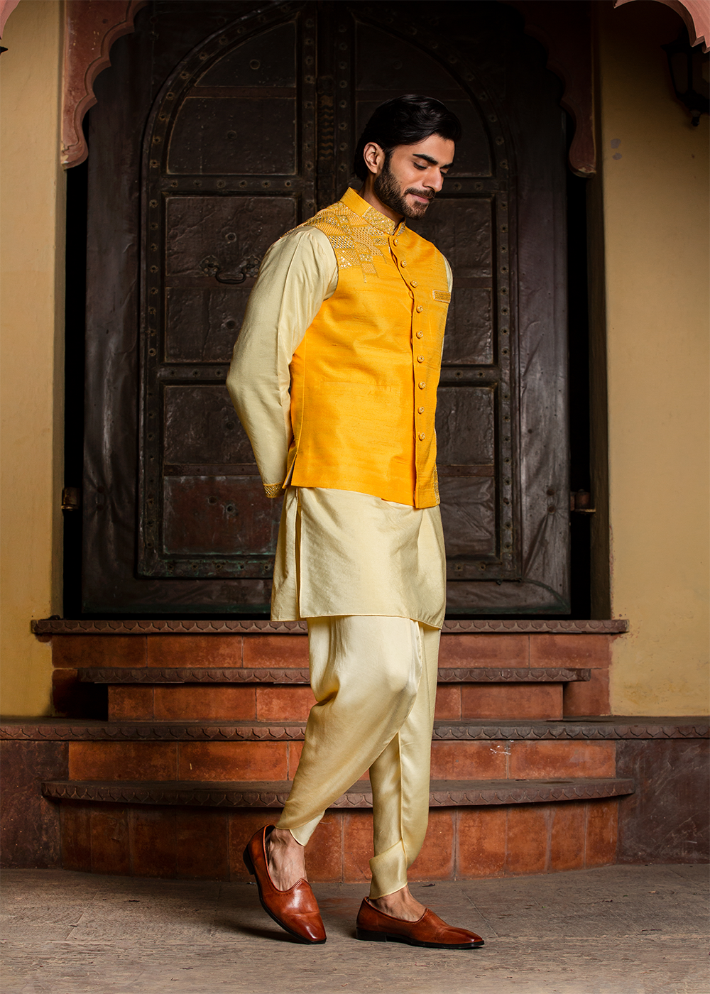 Lemon Kurta Dhoti Set with Yellow Raw Silk Embroidered&nbsp;Jacket