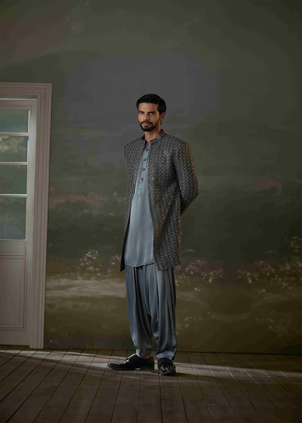 Grey Open Jacket with Kurta and Salwar