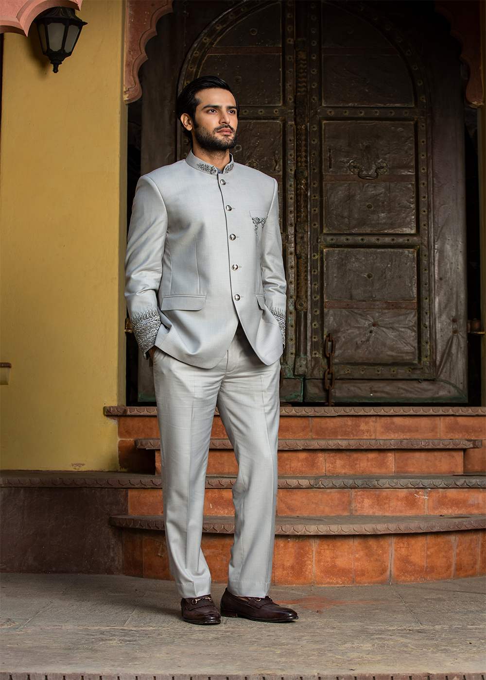 Silver Grey Jodhpuri Suit Zardozi Embroidered