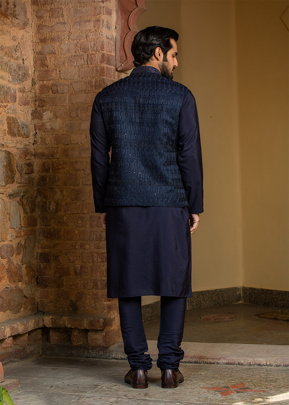 Navy Blue Kurta Churidar with Raw Silk all Over Embroidered Nehru Jacket