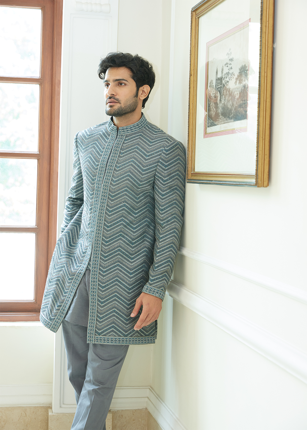 Pewter Grey Matka Embroidered Short Sherwani with Kurta and Trouser
