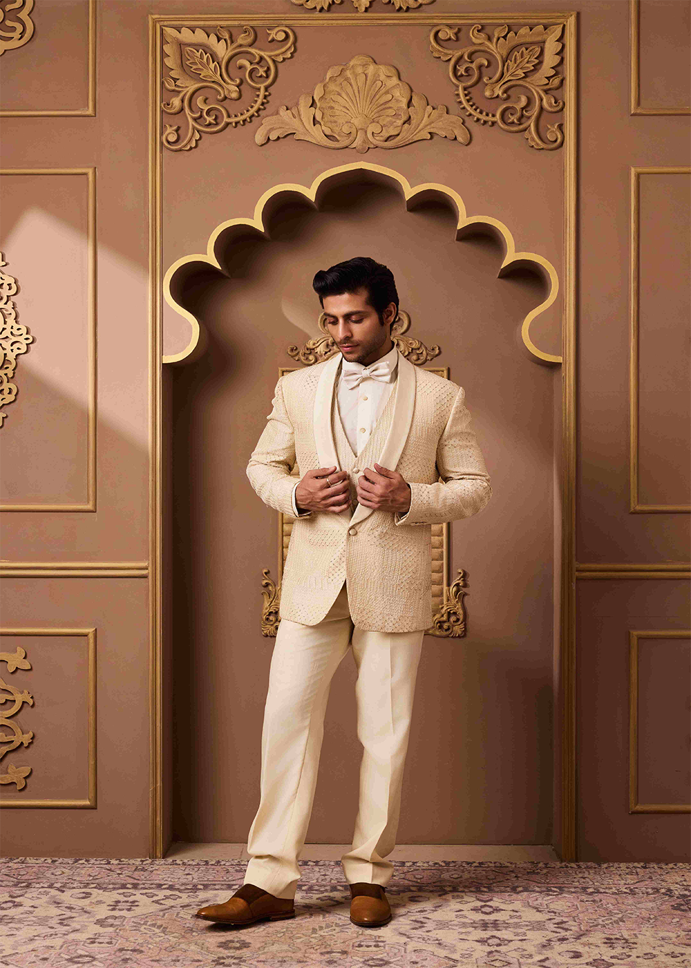 Beige Tuxedo Jacket, Waistcoat and Pant
