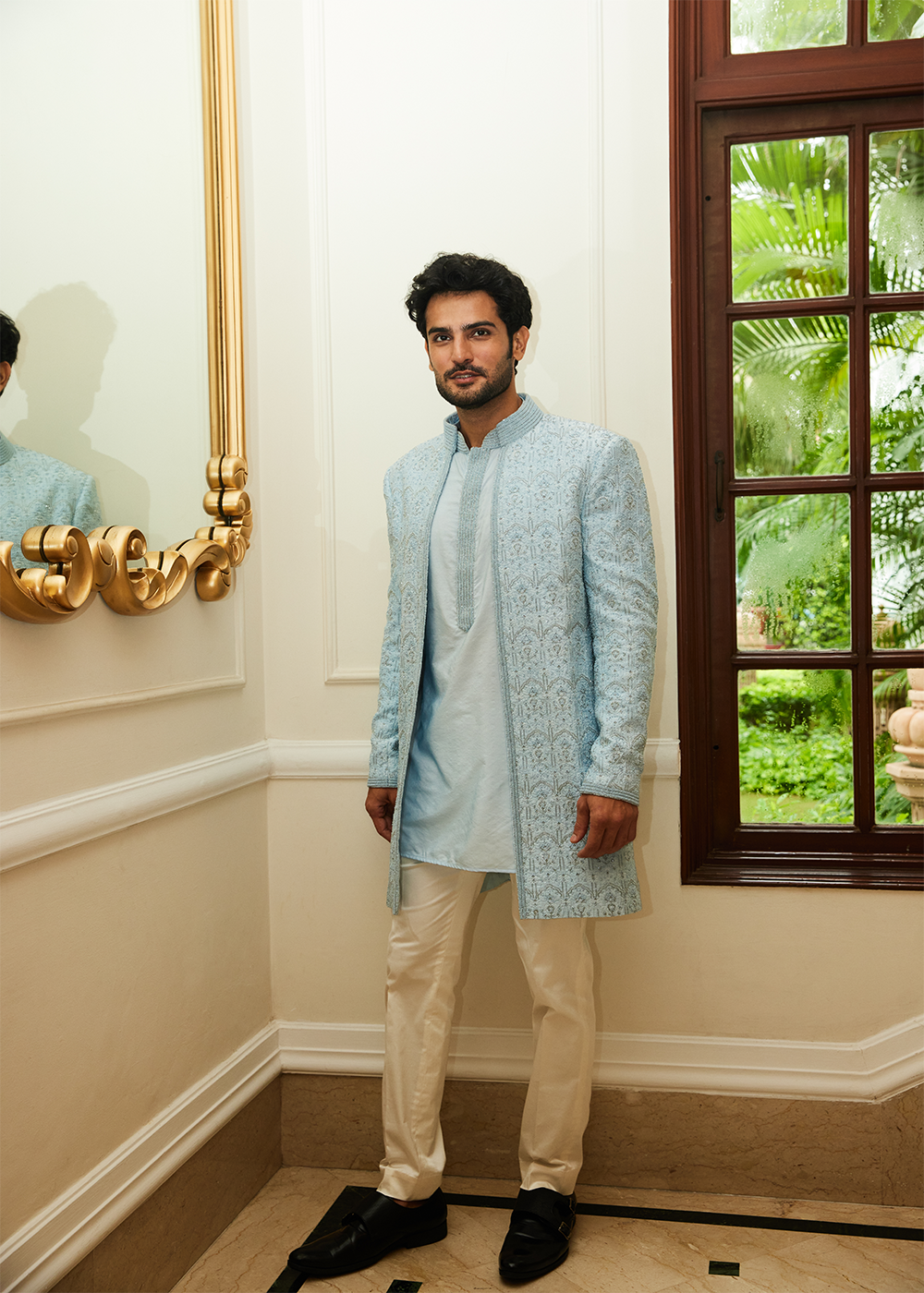 Powder Blue Raw Silk Open Sherwani Jacket with Kurta and Trouser