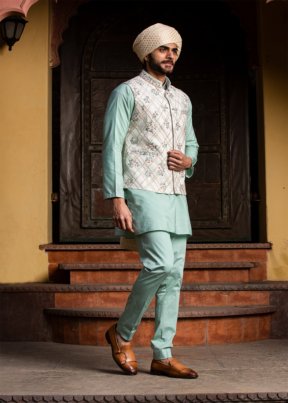 Cream Matka Embroidered Jacket&nbsp; with Mint Green Kurta &amp; Pants