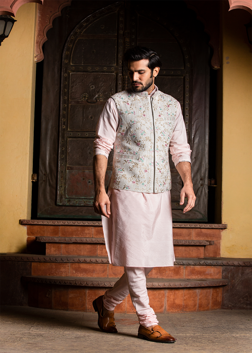 Cream Matka Embroidered Jacket&nbsp; with Blush Pink Kurta &amp; Churidar