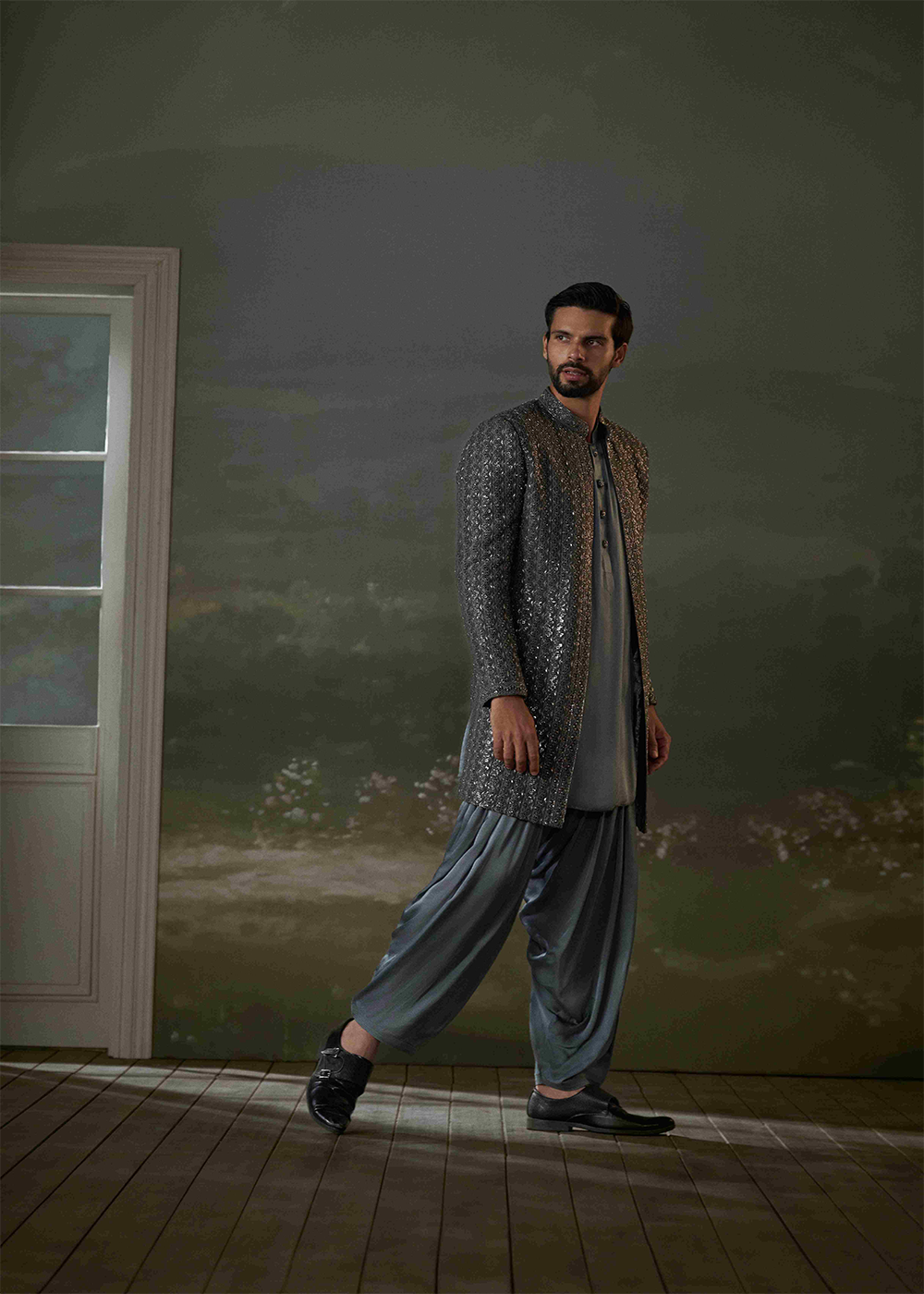 Grey Open Jacket with Kurta and Salwar
