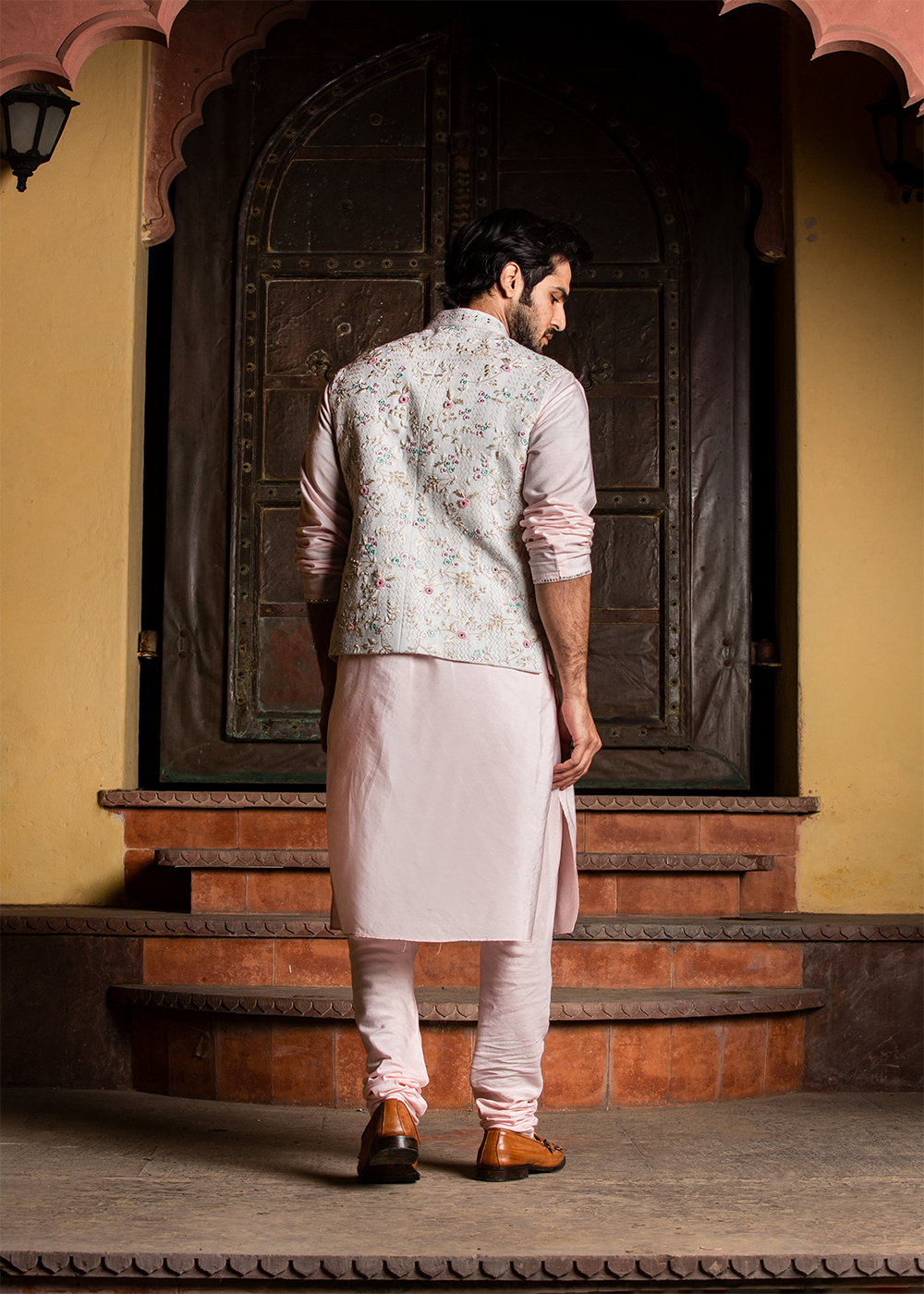 Cream Matka Embroidered Jacket&nbsp; with Blush Pink Kurta &amp; Churidar