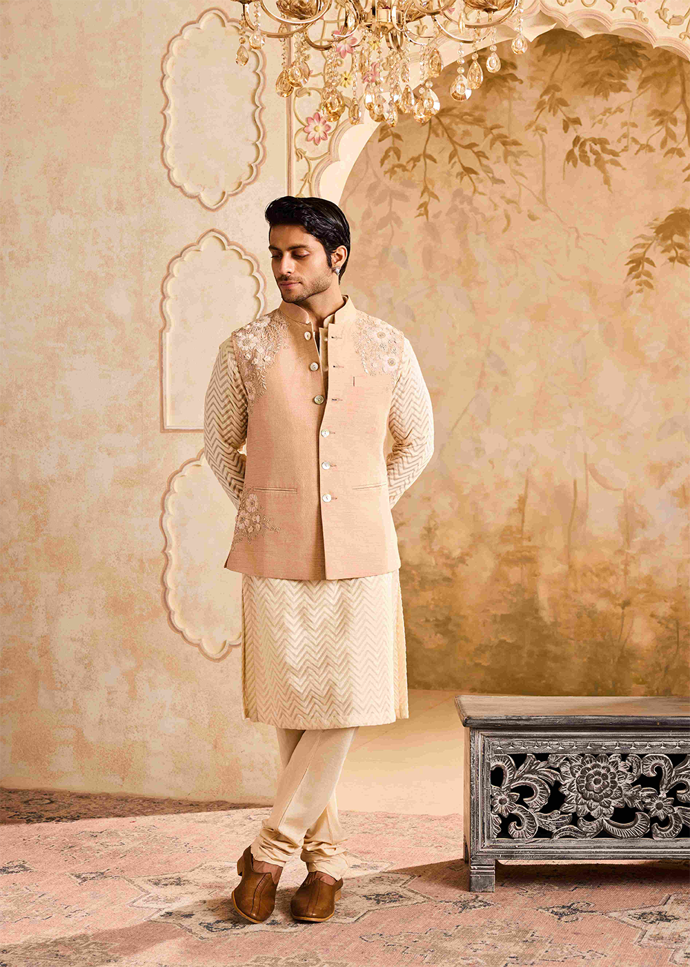 Beige Floral Bundi Jacket Kurta Churidar