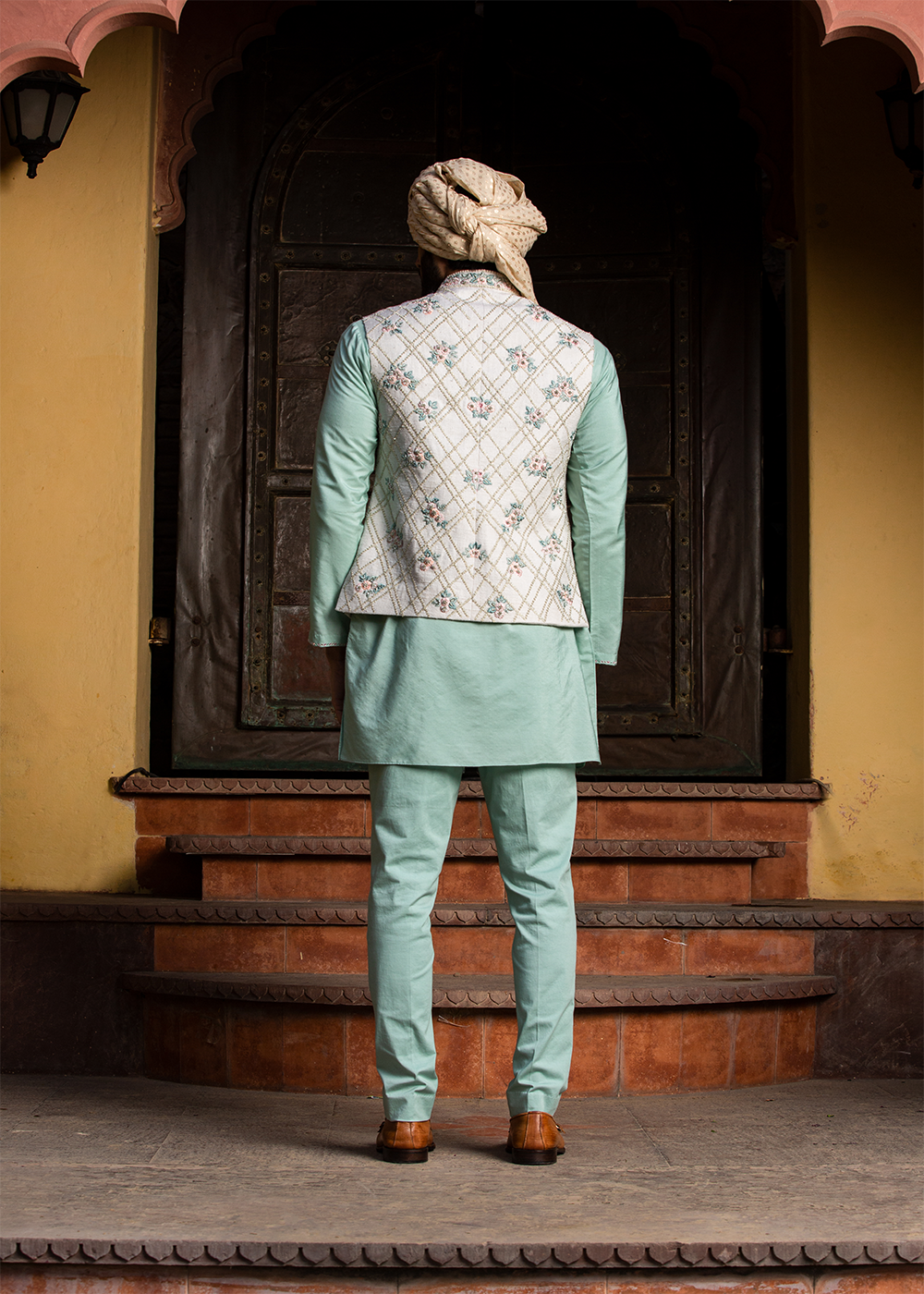 Cream Matka Embroidered Jacket&nbsp; with Mint Green Kurta &amp; Pants