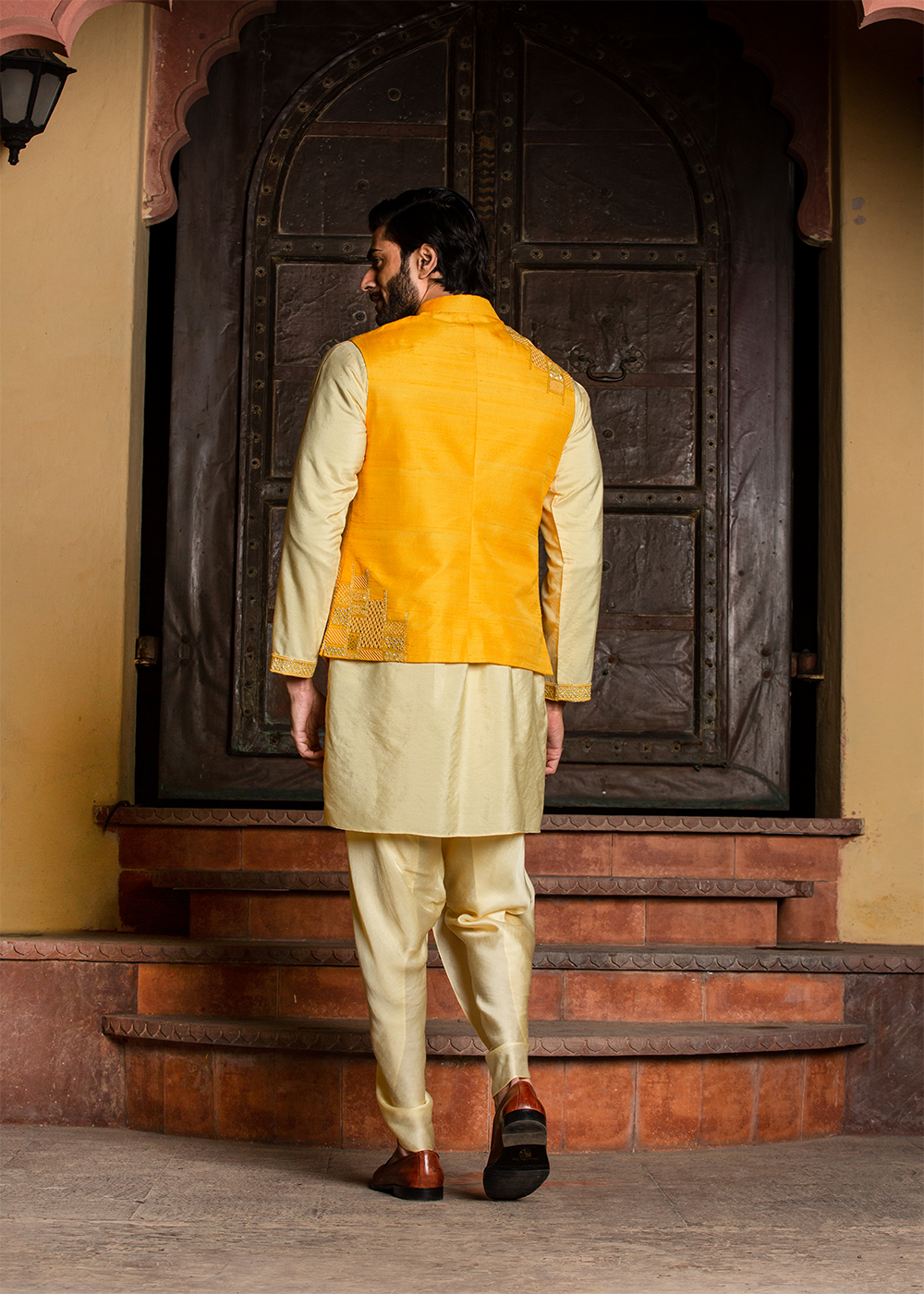 Lemon Kurta Dhoti Set with Yellow Raw Silk Embroidered&nbsp;Jacket