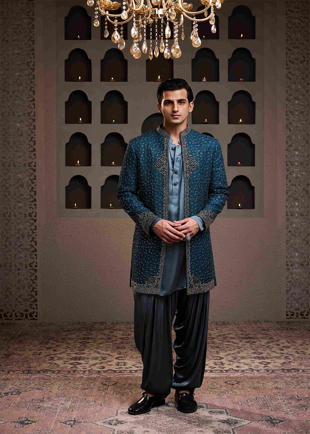 Teal Jacket Kurta Patiyala Salwar