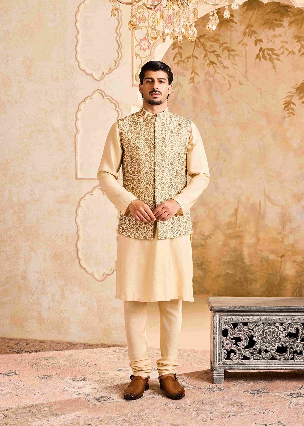 Beige Bundi Jacket Kurta Churidar