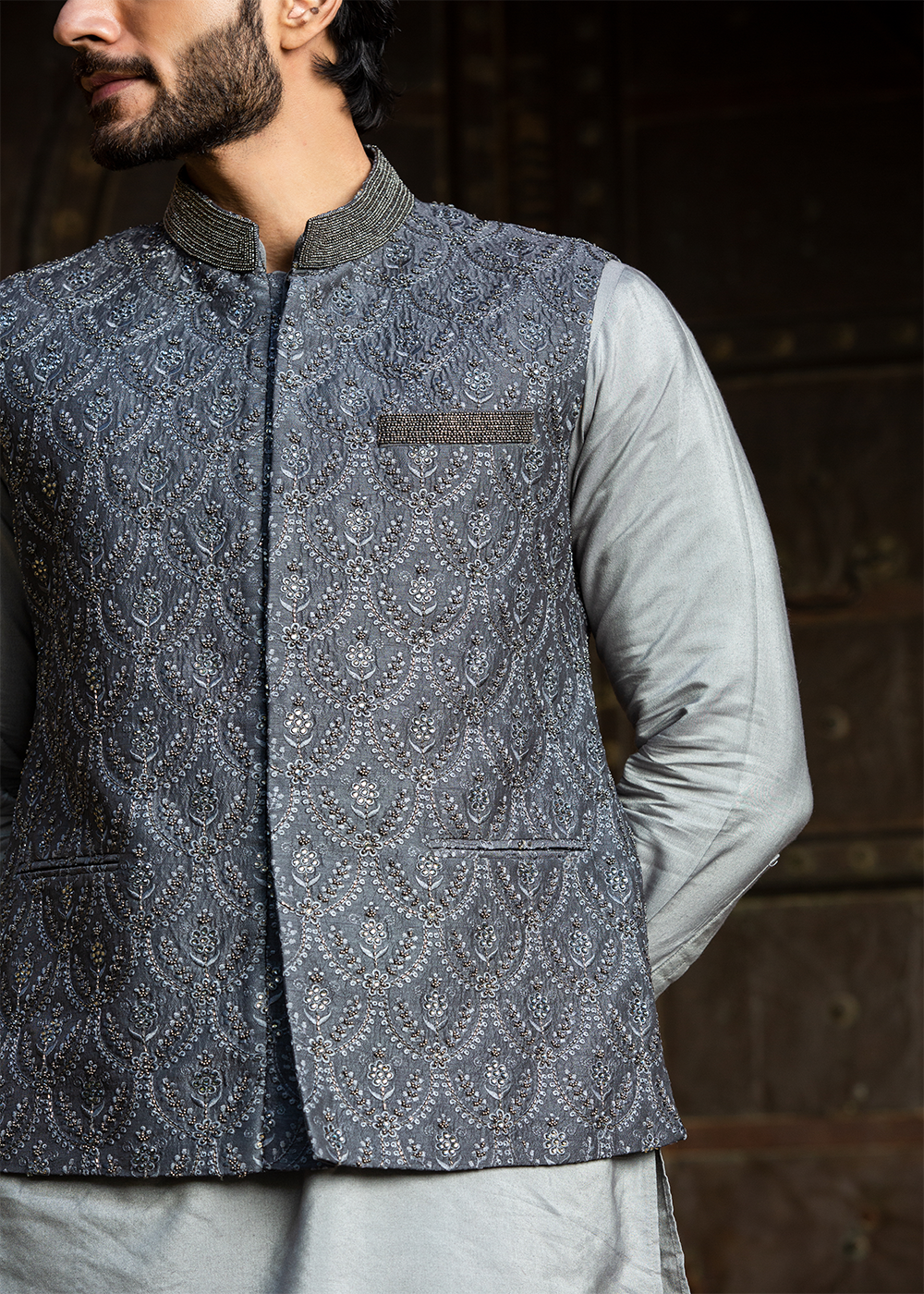 Steel Grey Kurta and Pant with all Over Embroidered Raw Silk Nehru Jacket