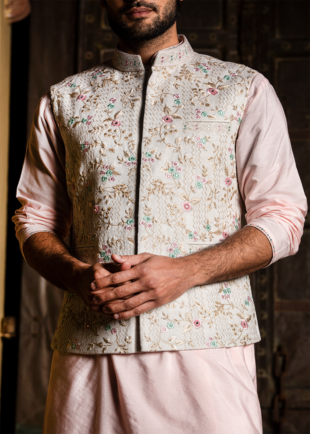 Cream Matka Embroidered Jacket&nbsp; with Blush Pink Kurta &amp; Churidar