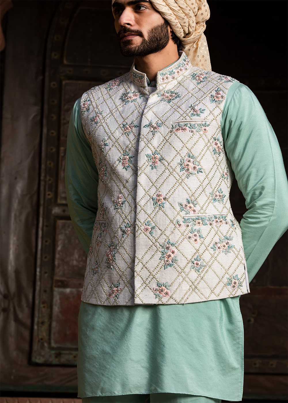 Cream Matka Embroidered Jacket&nbsp; with Mint Green Kurta &amp; Pants