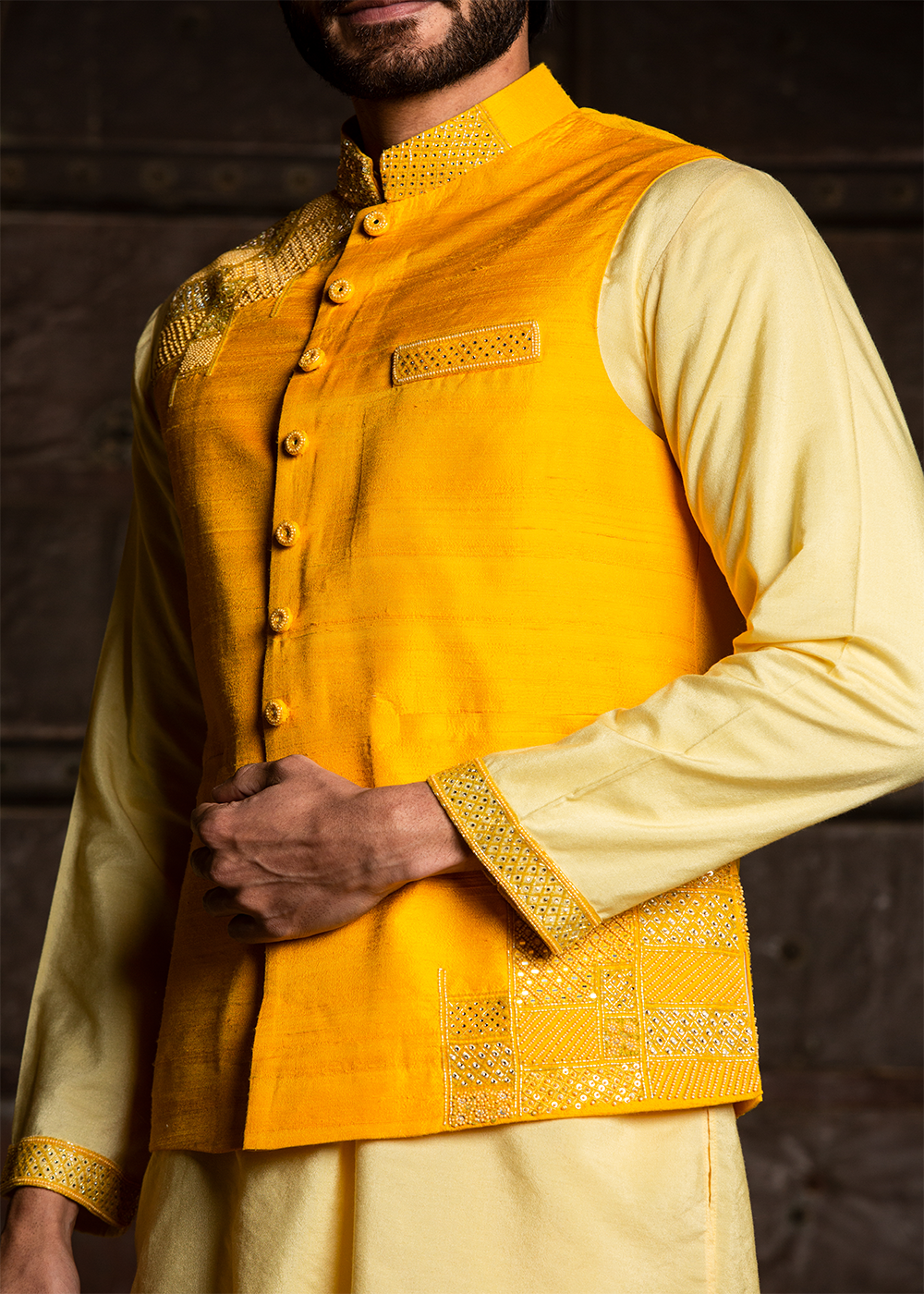 Lemon Kurta Dhoti Set with Yellow Raw Silk Embroidered&nbsp;Jacket