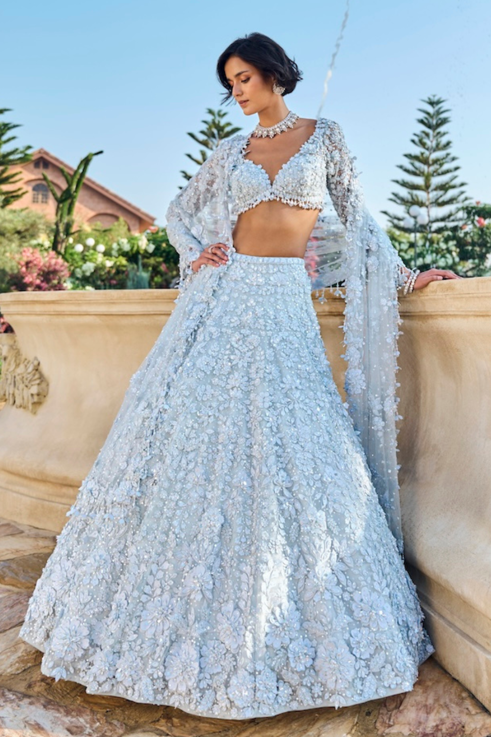 Powder Blue Three-Dimensional Lehenga Set
