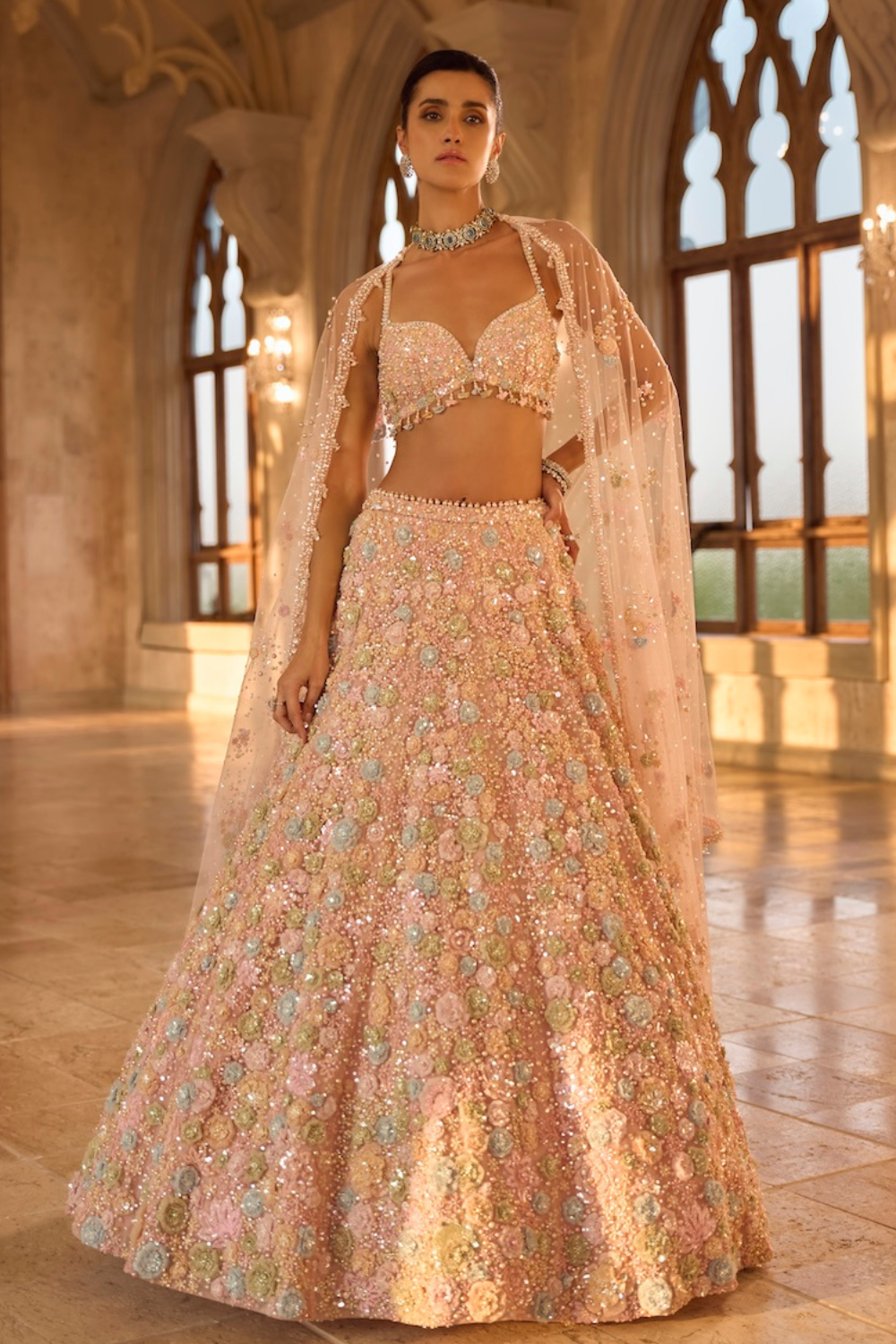 Multi-Coloured Three-Dimensional Floral Lehenga Set