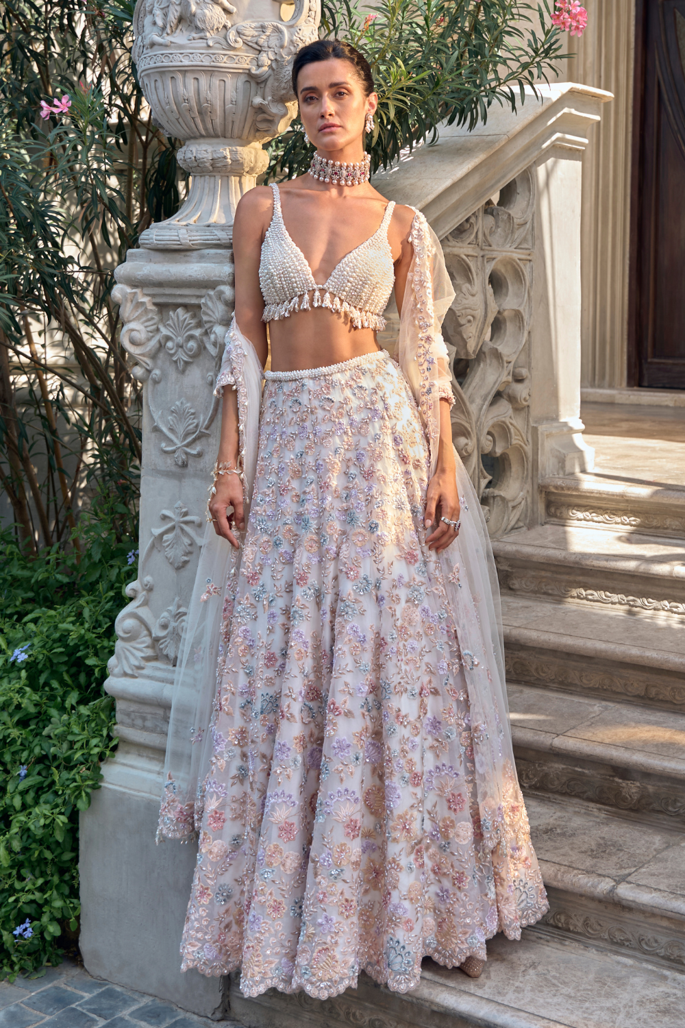 Multi-Coloured Pearl Lehenga Set